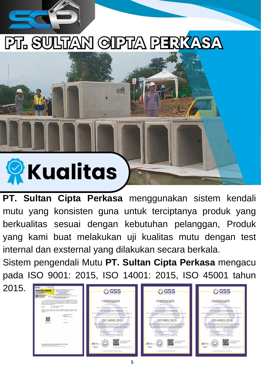 Dokumentasi kualitas dan sertifikasi PT. Sultan Cipta Perkasa